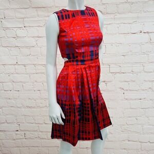 New York & Company Eva Mendes Callista Flare Dress Red Shiny Plaid Size 2 NWT